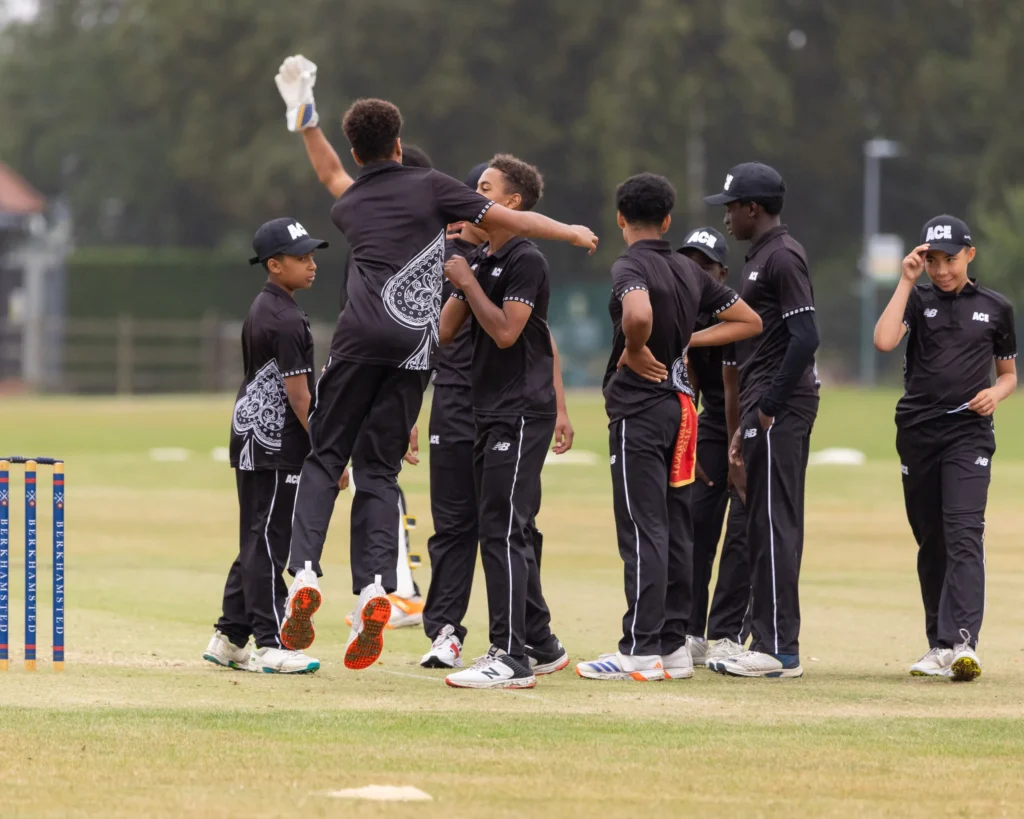 Ace players celebrating on cricket pitch